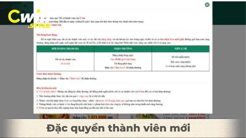 Đặc quyền thành viên mới khi tham gia khuyến mãi CWIN
